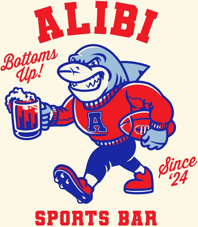 Allan, the Alibi's shark mascot, holding a beer